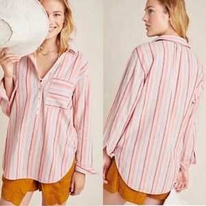 Anthropologie Maeve Lida Striped Linen Cotton Popover Shirt Top Pink Multi Sz XS